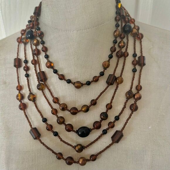 Vintage Multi-Strand Amber Brown Glass Bead Necklace - Picture 1 of 7